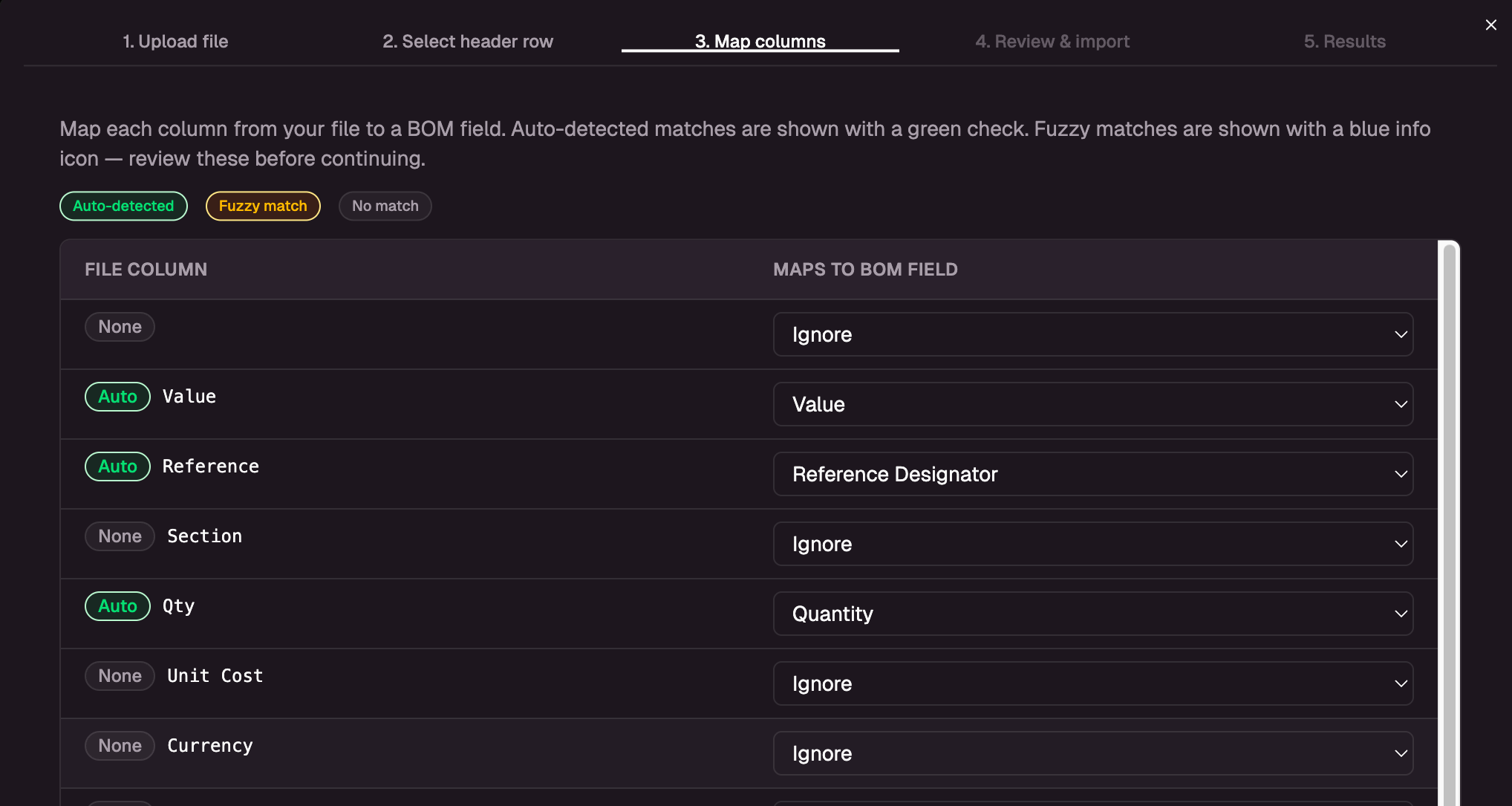 BoM Import screenshot